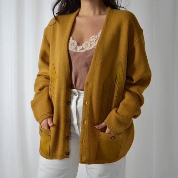 Vintage Sweaters - S O L D // VINTAGE/ ochre + suede cardigan
